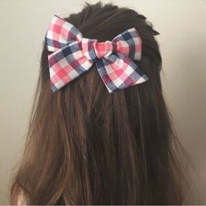 Red, blue and off-white plaid/checkered hair bow with alligator hair clip - NEW